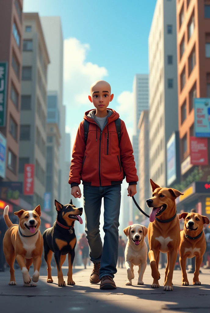 A young bald Dog trainer working with several dogs in a urban environment