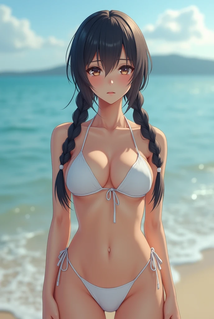 Realistic、detailed、concentrated、Professional Lighting、beautiful girl、Japanese、、Braided twin tails、Realisticな顔、Beautiful Eyes、Beautiful Nose、Thick lips、round face、(Broad shoulders)、(wide waist width)、(Big Ass)、Glamour、White tiny micro bikini、Full body image、Beach、Stand facing us、Crying face、deep navel、(Front lighting)、SLR