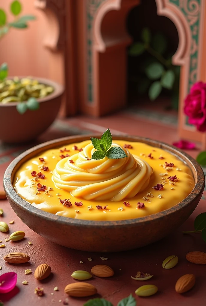 Make a background image to indian traditional dish which name is rajasthani healthy rabdi