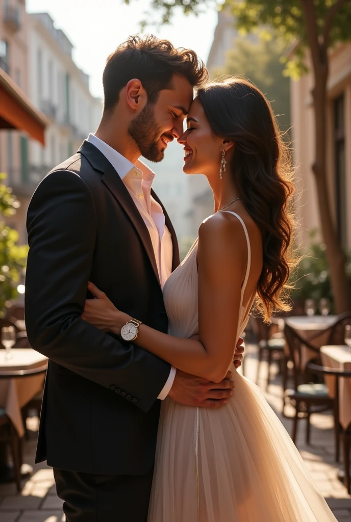 On a sunny afternoon in front of a building, a woman is with her husband but looking at another man and reaching out one of her arms to touch the other man, the other man is also looking at her and also reaches out his arms to touch the woman