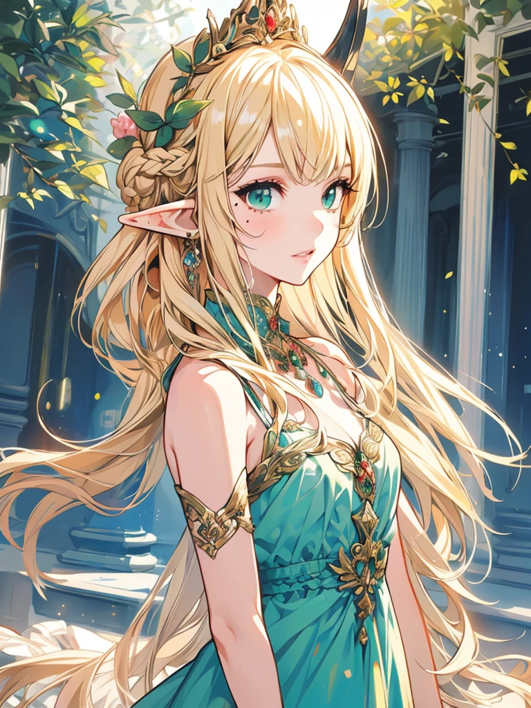 masterpiece, best quality, 1girl, ultra detailed, ultra highres, well-definded facial features, anatomically correct, cute girl, long pointy ears, elf, nice face,blonde hair, green eyes, mole ungereye, flamenco dress, art deco,