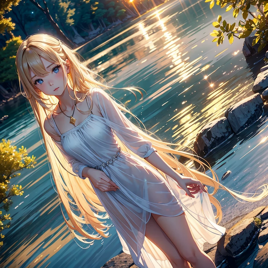 (((Top quality, 4k, 8k, high resolution, masterpiece: 1.2))), (super detailed), (realistic), (photorealistic), (photorealistic: 1.37), (HDR, UHD), (studio (lighting)), ultra-fine drawing, sharp focus, physically based rendering, highly detailed, professional, vibrant colors, perfect ditaile hand, highly detailed realistic eyes, anime, kawaii, qute, (((night, late night, dark, moonlight))), forest, deep forest, small lake,(((One Woman, one girl))), (((to enter a lake, to enter the water, to wad up to one's waist in water))),(((back turned, look back))), looking at viewer, (((Blonde, Long Hair, Elf Ears))), (((Pure white camisole, translucent pure white camisole, see-through pure white camisole, long pure white camisole, lace pure white camisole, silk pure white camisole))), (((White tank top, Wet and transparent tank top, White running shorts, wet and see-through running shorts))), (((hair wet, Naked wet))), (((Long shot, Distant view))),