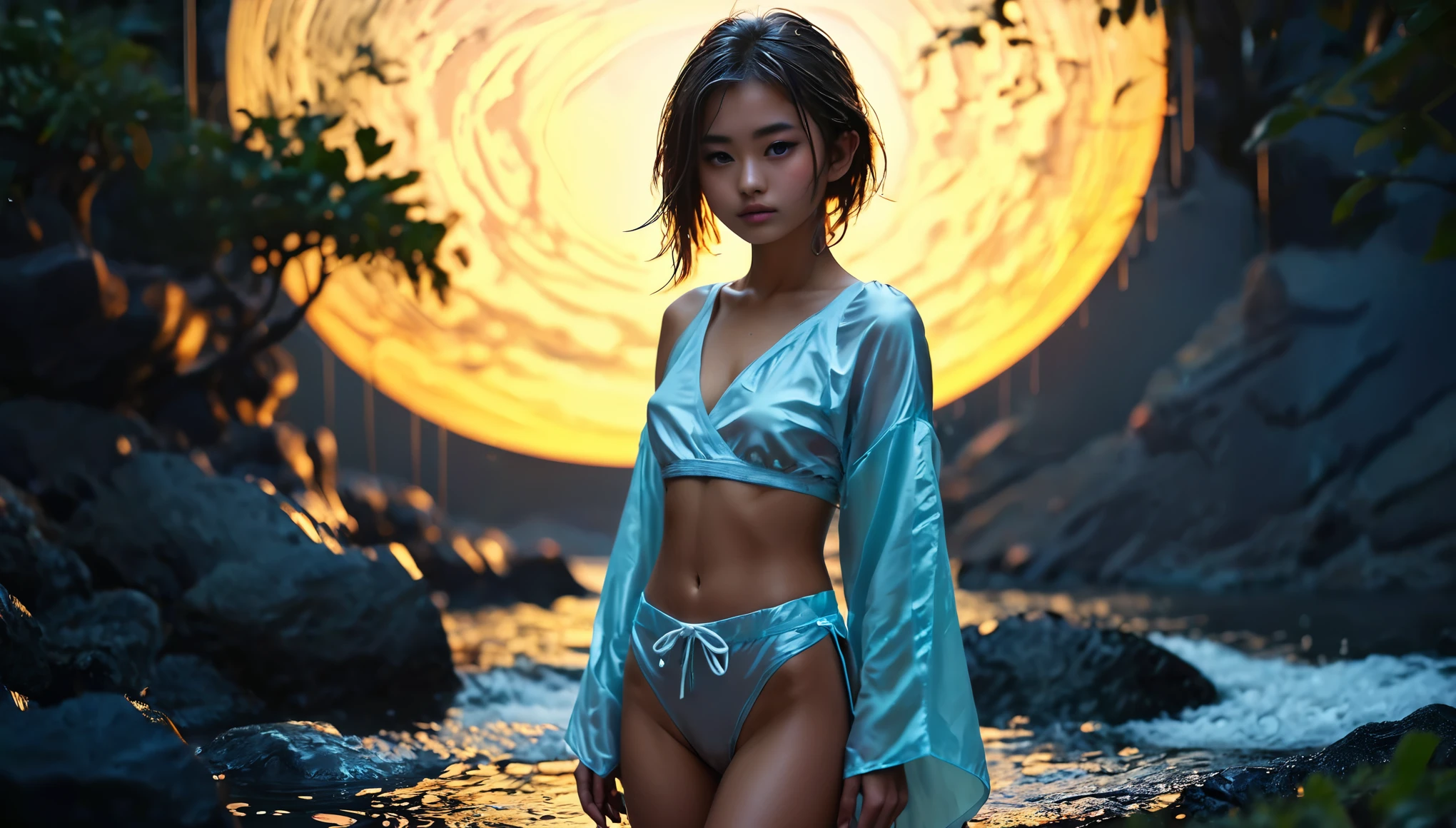 Top Quality, Masterpiece, High Resolution, 8k, (((cute barely legal girl in oversized silky Spa Wrap Top and pants, random color, wide neckline, deep neckline, medium perky breasts, beautiful detailed eyes, beautiful detailed lips, small closed mouth, extremely detailed face, long pixie asymmetrical hair style, small hips))), (((japanese onsen, wet and steamy atmosphere, intricate details, at night, backlit, full body shot, view from distance)))