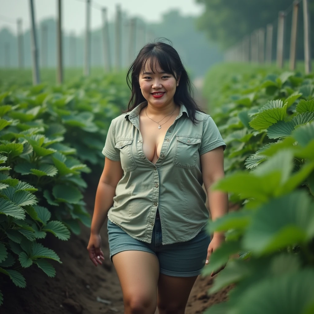 Bad quality. asian thai women. Short t-shirt short pants. Body weight 70 kg. Strolling in the strawberry garden. Body weight 70kg. Soaking wet atmosphere. at noon. Lots of sweat dripping. Grainy colored cctv footage. seen from afar. bad light. Bad image color