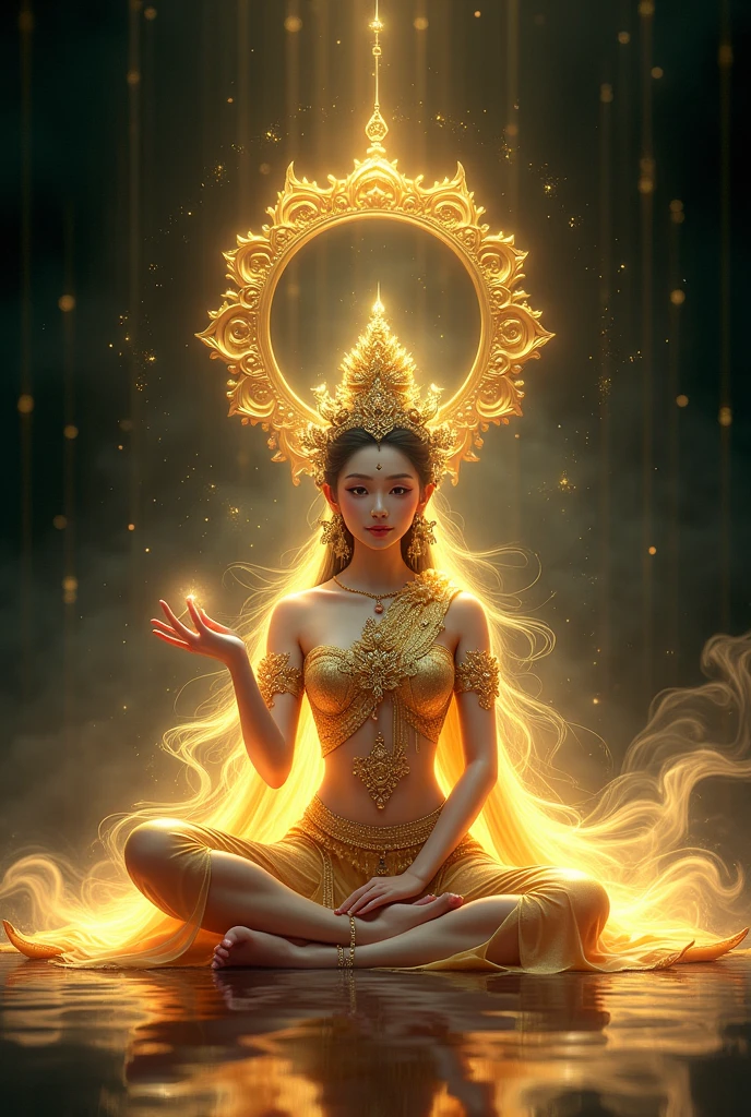 Creat img , aurora color, wide shot, digital noise free, 300dpi, Full body view of a beautiful woman, face detailed , fair skin, 1, sitting on the floor with her legs side, left hand on her lap with money bag. Right hand hold up with palm down in a beckoning gesture to call upon luck. Dressed up as the Goddess Nang Kwak with a beautiful, golden-green traditional Thai costume that sparkles and sparkles. Fluttering with the wind On the black glass surface, reflections and there was a smoke aura spread all over A large golden aura attacked the white-gray aura. Virtual and non-virtual floa , detailed part, detailed backgroud, Thai art pattern, personalize , Chakrabanhu Posayakrit Stlye, d6adrx--stlize300