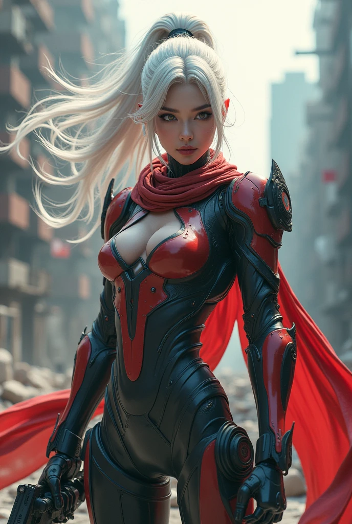 (Female Cruel Ninja Mecha: 1.3, Full body covered mech, Back-heavy AWP, dslr, light tracking, 3d, conceptual artwork, Action Painting, film lighting, Bright dark) :(1.3). Highlighting the curve of the chest, long hair with white ponytail looks graceful and attractive. Masterpiece 8K resolution, (Murderous death and fear): 0.5, long red scarf fluttering in the wind, War-torn city as a backdrop.  enormous tits