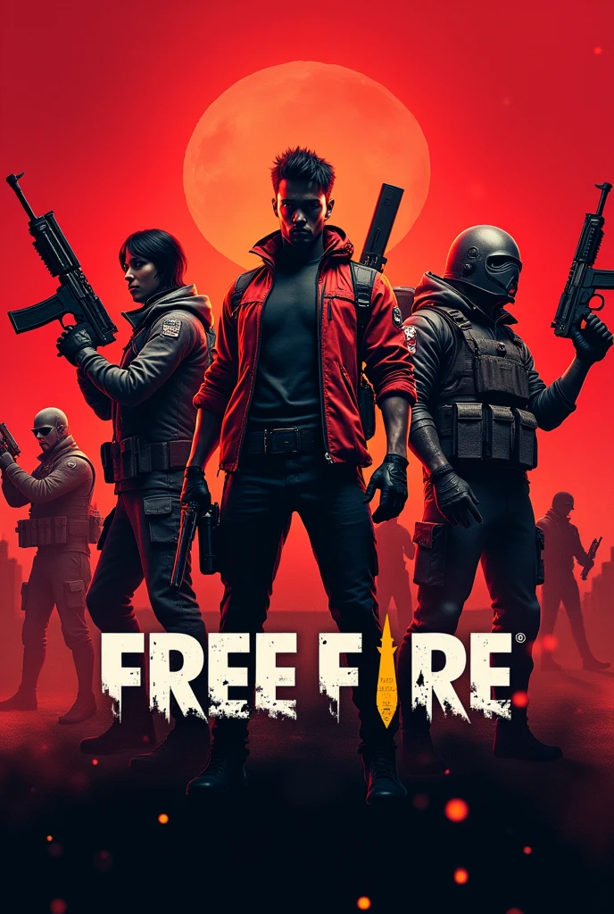 Photo with red and black background with images of the free fire game