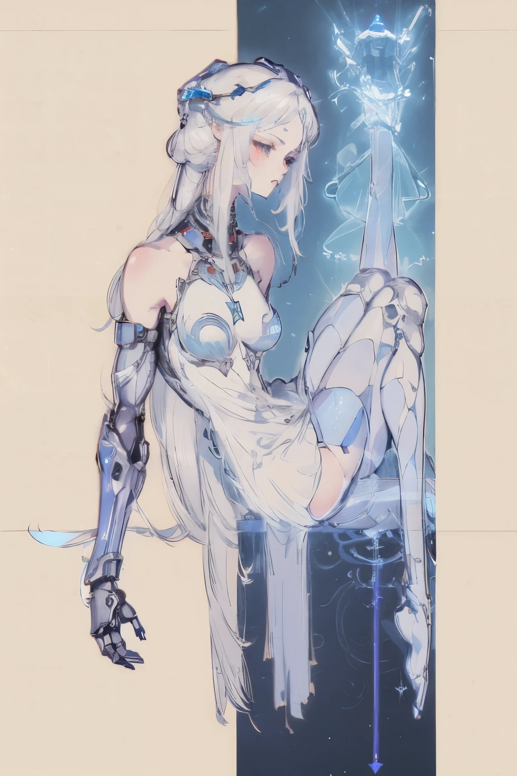 ((girl, Mecha)), Glowing eyes, Delicate face, Damaged Armor, Mechanical aura, Mechanical arm, White hair, Long hair, Ceramic body, Thigh clearance, Small breasts, Network Background, Very nice city, (translucent, Reflective Skin), 8k, best quality, Super detailed, (Surrealism: 1.4),
