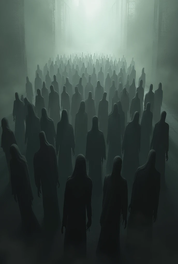 PLEASE GENERATE MANY SHADOW PEOPLE ASSAMBLE IN A PLACE MAKE IT GREY AND BLACK IN COLOUR . PLEASE MAKE IT A VIEW FROM ABOVE. PLEASE FULL THE IMAGE WITH PEOPLE 