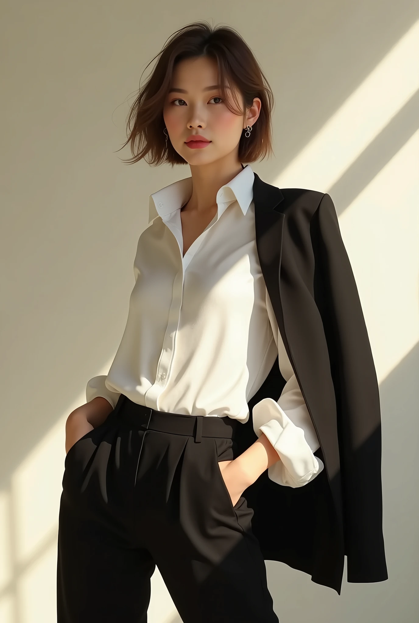 An intersex person in an environment that demonstrates lightness and strength, wearing a basic outfit (white folded sleeve blouse, with black tailored pants, and a blazer resting on the left shoulder)