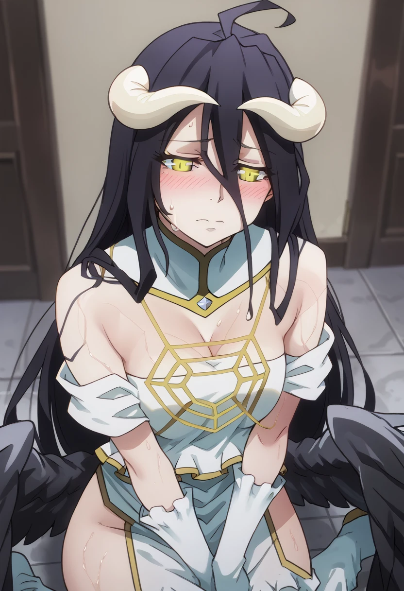 albedo, long hair, black hair, horns, demon girl, demon horns, albedo (overlord), hair between eyes, yellow eyes, slit pupils, anime coloring, blush, Shy, seductive pose wet with sweat, sit, seductive face, full body