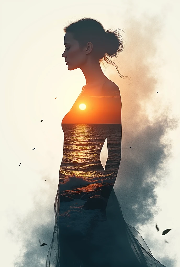 high quality, 8K Ultra HD, A beautiful double exposure that combines an goddess silhouette with sunset coast, sunset coast should serve as the underlying backdrop, with its details incorporated into the goddess , crisp lines, The background is monochrome, sharp focus, double exposure, by yukisakura, awesome full color,the man