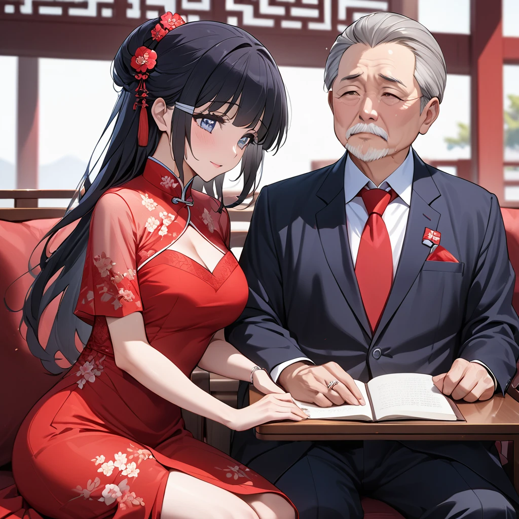 ((Highest quality)), ((masterpiece)), (detailed), (Perfect Face)、The woman is Aoki Reika, with medium-long hair, wearing a red Chinese wedding dress and an engagement ring.、The woman marries a middle-aged man who is a member of the Chinese Communist Party, becomes his wife, and becomes Chinese.