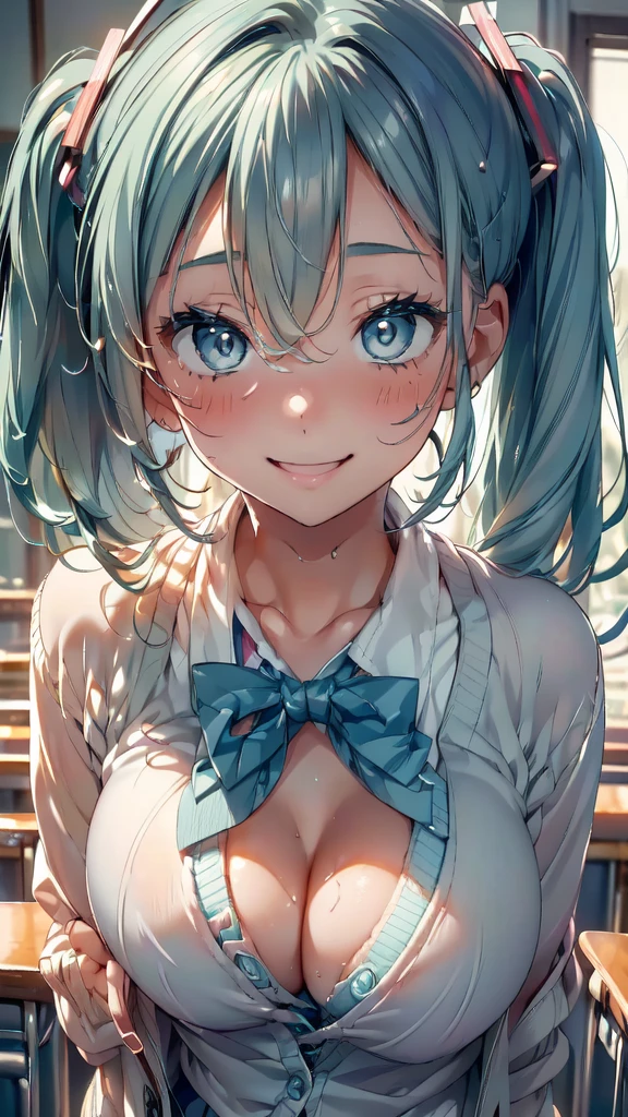 (Close-up image of upper body:1.8), ((masterpiece, sidelighting, finely detailed beautiful eyes: 1.2)), ultra-detailed, ultra high res, professional lighting, high quality makeup, beautiful detailed eyes, sexy, beautiful, big eyes, drooping eye, small breasts, blush cheek, blush body, moist eyes, Hatsune Miku, green hair, absurdly long hair, wavy hair, ahoge, twintails, (school uniforms, light blue cardigan:1.6), Extremely cute, (extremely detailed beautiful face), Authentic skin texture, beautiful hair, beautiful face, beautiful eyes, beautiful body, beautiful hands, (happy smile), (sexual aroused), open mouth, sweat, (happy smile face focus, sexual aroused face focus:1.6)