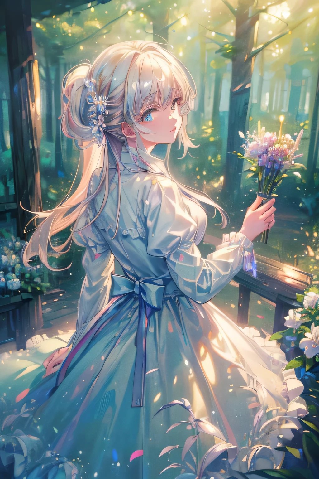 (masterpiece、8K、best quality)、(Soft Light:1.3), Delicate face, Fine particles, skirt, Beautiful digital artwork, landscape, Backlight, Lots of flowers, forest, Bright Eyes, Winters, Warm, Warm light, (((masterpiece:1.4))), (best quality:1.4), (Ultra-high resolution:1.4), (best quality:1.2), (Ultra Detailed:1.3), 16K, 32K