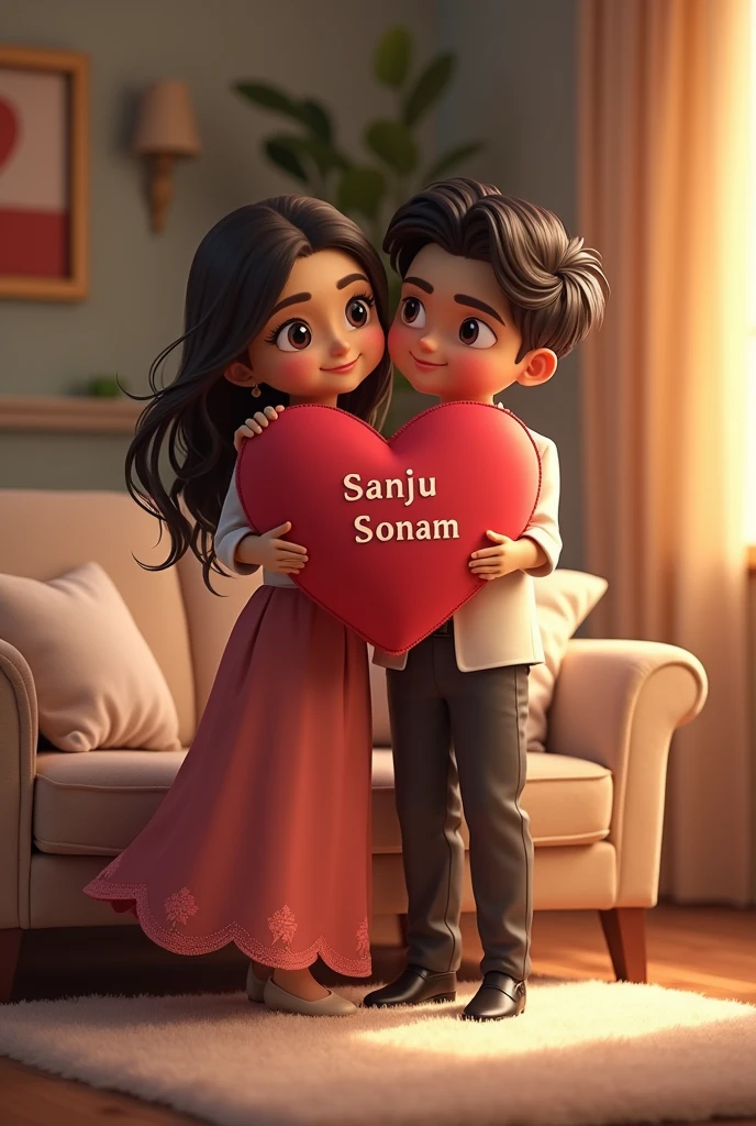 Married couples standing on sofa with giving heart peellow in that name of 'संजू' and '
सोनम'
