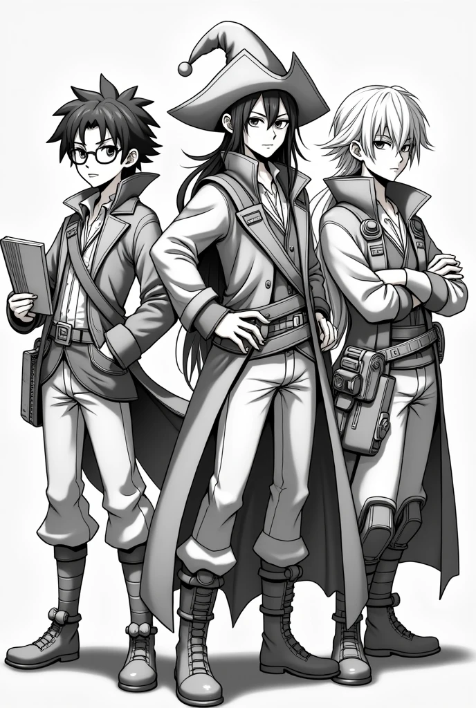 Make 5 jolly Rogers in anime style only in Black, White and shades of Grey: The first with round glasses and a book, The second with a jester hat and bard features, the third with millitary gadgets and The fourth with a ninja mask.
The fifth looks like a pirate king. Dont mix The features between eachother