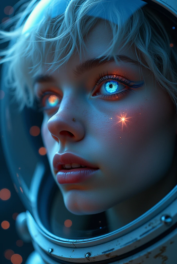 (Close-up of a better masterpiece:1.5)0.9], (Space and astronauts:1.2) (Messy silver hair:1.1) (Heterochromia xanthochromia and blue eyes:1.2) (Space Helmet:1.0) (Colored stars in the eyes:1.0) (A radiant glow:1.1) (thick lips:0.9)