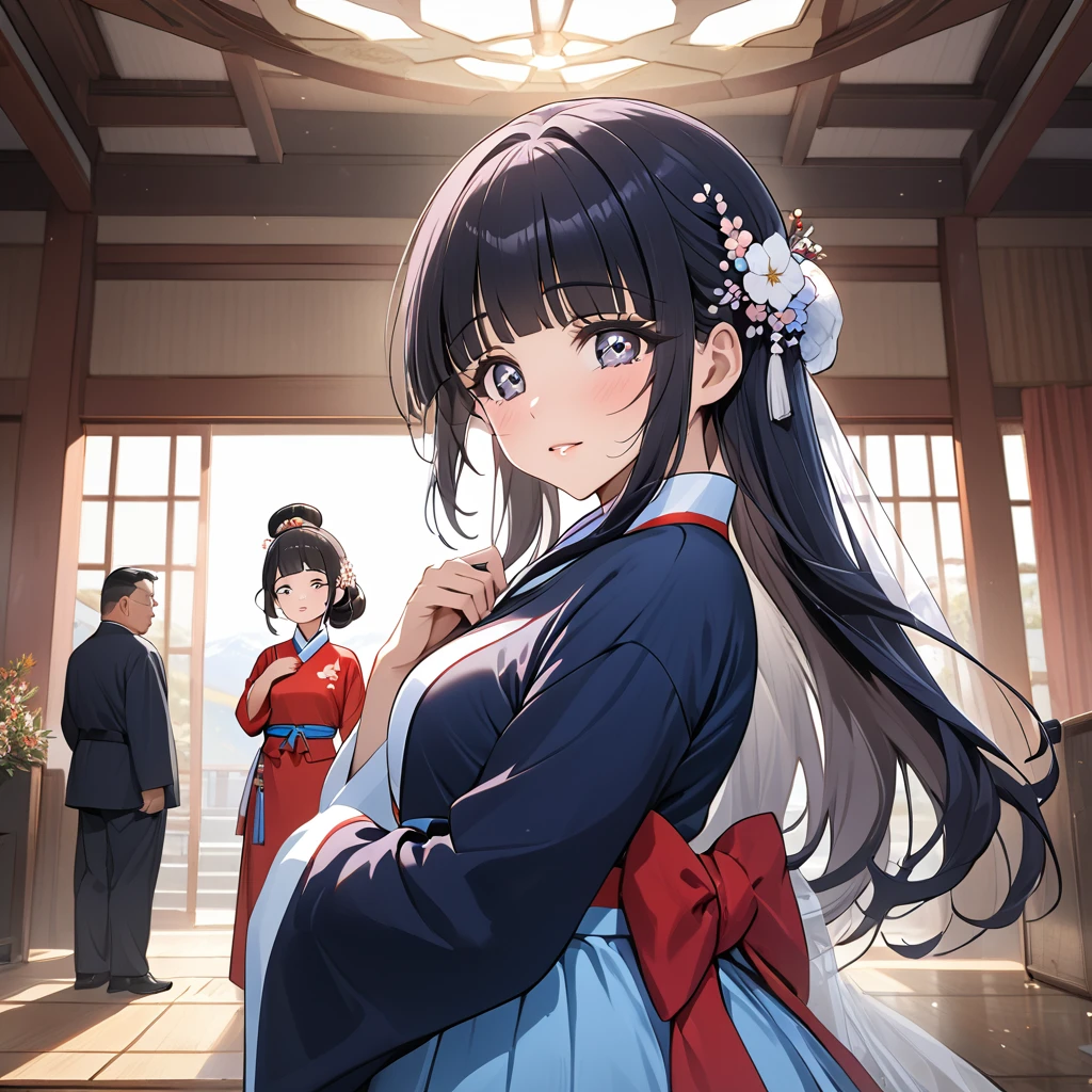 ((Highest quality)), ((masterpiece)), (detailed), （Perfect Face）、The woman is Reika Aoki with semi-long hair、The woman is wearing a North Korean traditional traditional dress and is getting married to a middle-aged North Korean man.