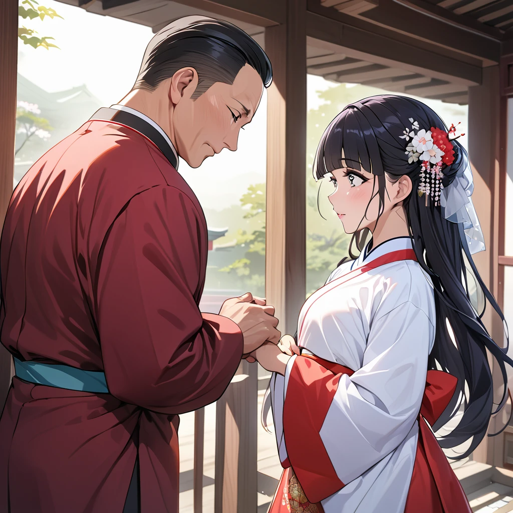 ((Highest quality)), ((masterpiece)), (detailed), （Perfect Face）、The woman is Reika Aoki with semi-long hair、The woman is wearing a North Korean traditional traditional dress and is getting married to a middle-aged North Korean man.