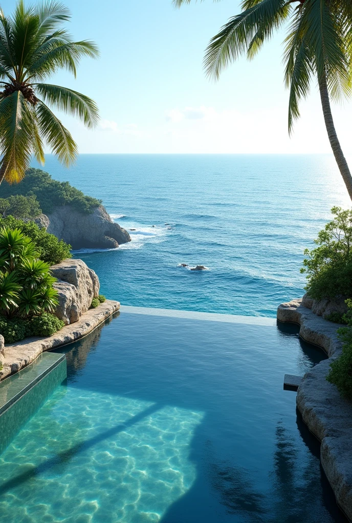 (photorealism:1.2), nice realistic view of an infinity pool overlooking the sea