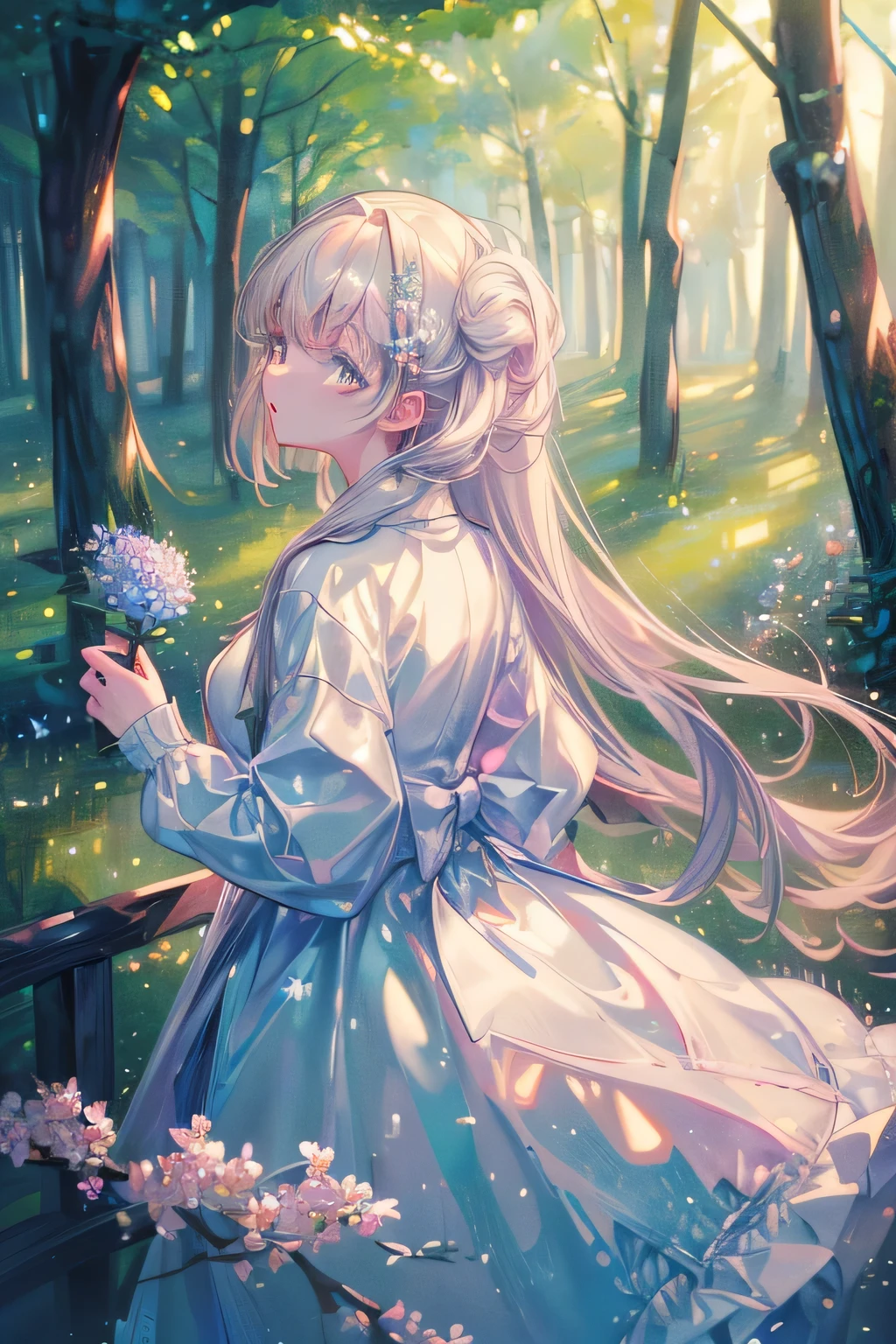 (masterpiece、8K、best quality)、(Soft Light:1.3), Delicate face, Fine particles, skirt, Beautiful digital artwork, landscape, Backlight, Lots of flowers, forest, Bright Eyes, Winters, Warm, Warm light, (((masterpiece:1.4))), (best quality:1.4), (Ultra-high resolution:1.4), (best quality:1.2), (Ultra Detailed:1.3), 16K, 32K