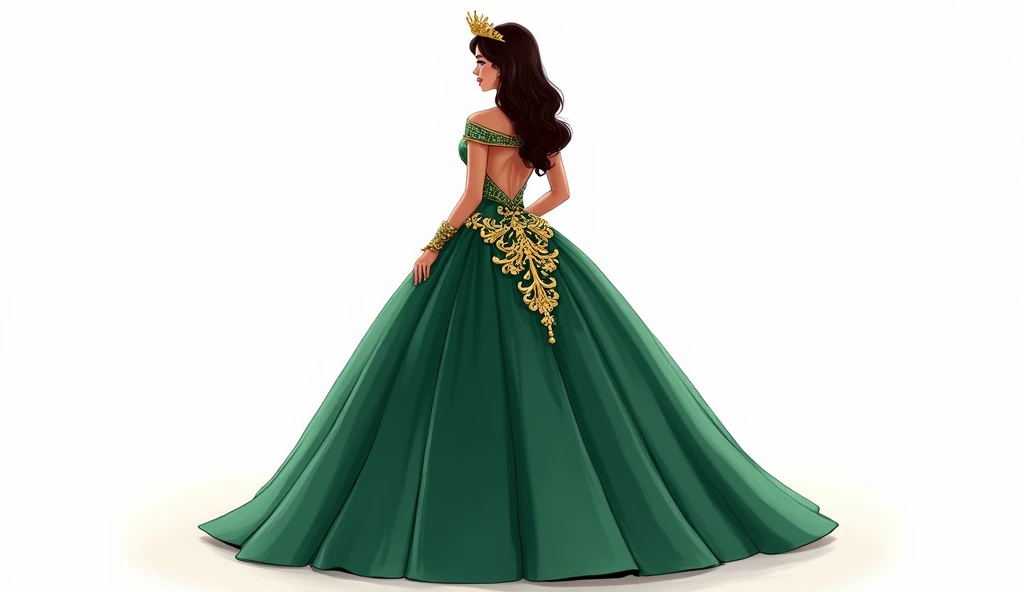 Make a majestic illustration on a white background, of a quinceañera dressed in a majestic emerald green dress with gold details. the quinceañera is facing away. The design is elaborate and elegant, with a style worthy of royalty and high society, highlighting the young woman's social status. The dress has a neckline that reveals the high back and shoulders., with gold embroidery that stands out against the green background. The skirt is wide and voluminously adorned with the same golden details.. Her hair, dark brown, It is combed in soft waves that fall over her back.. besides, She wears a golden crown that completes her royal and sophisticated look., which makes her look like a princess on her special day.