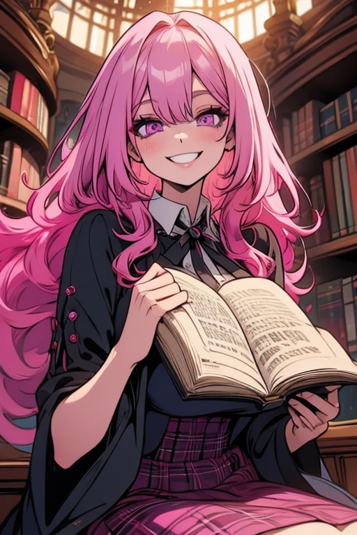 Perfect face. Perfect hands. A pink haired woman with violet eyes with an hourglass figure in a plaid dress is reading in a Gothic library with a big smile