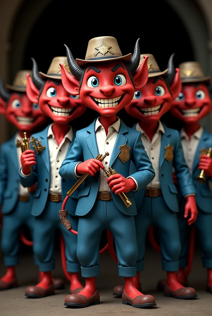 5 Smiling Devils Holding Trumpet Wearing Lead Colored Sheriff Hat and Hat Pin, blue aviation suit, White shirt