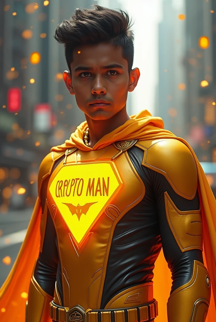 A super hero relating to Crypto currency, with 'Crypto Man' written on his chest, and dollar sign, dressed in Yollow and orange, with face of a 2 Indian Boy