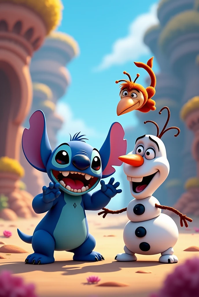 animated, stitch playing with olaf  adn aladdins monkey in the middle of them