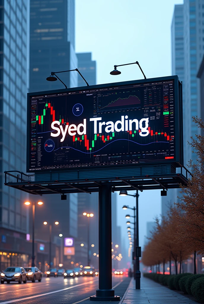 A name on the bill board "syed trading" with candle stick  and share market analysis 