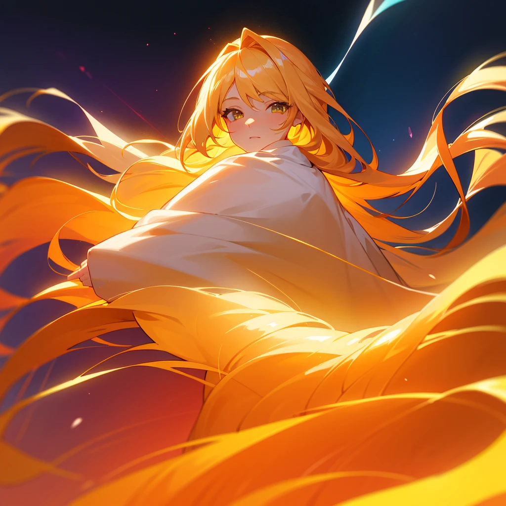 a woman with long blonde hair and a yellow dress looks at the sky, glowing flowing hair, flowing glowing hair, glowing hair, long glowing hair, glowing with colored light, long glowing ethereal hair, glowing face, glowwave girl portrait, orange glowing hair, flowing backlit hair, beautiful anime portrait, colorful glow, beautiful digital illustration, rossdraws pastel vibrant
