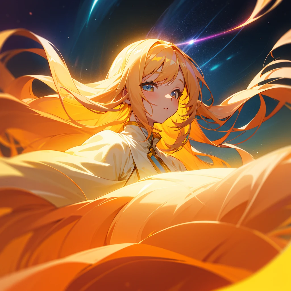 a woman with long blonde hair and a yellow dress looks at the sky, glowing flowing hair, flowing glowing hair, glowing hair, long glowing hair, glowing with colored light, long glowing ethereal hair, glowing face, glowwave girl portrait, orange glowing hair, flowing backlit hair, beautiful anime portrait, colorful glow, beautiful digital illustration, rossdraws pastel vibrant