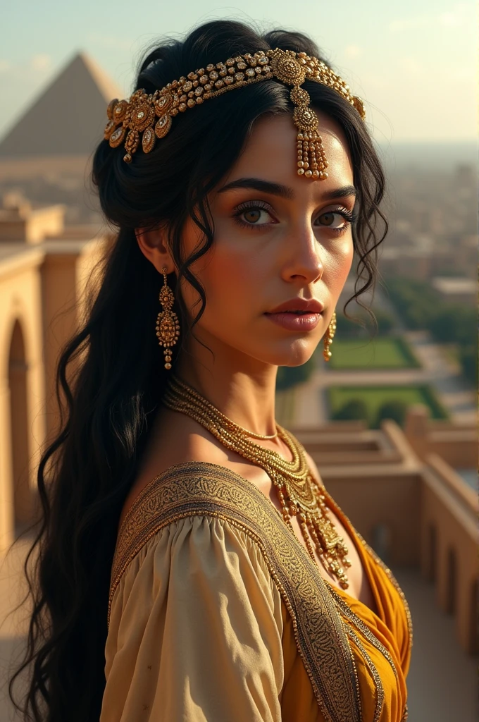 Beautiful ancient Persian woman 40 years old in period dress in Babylon