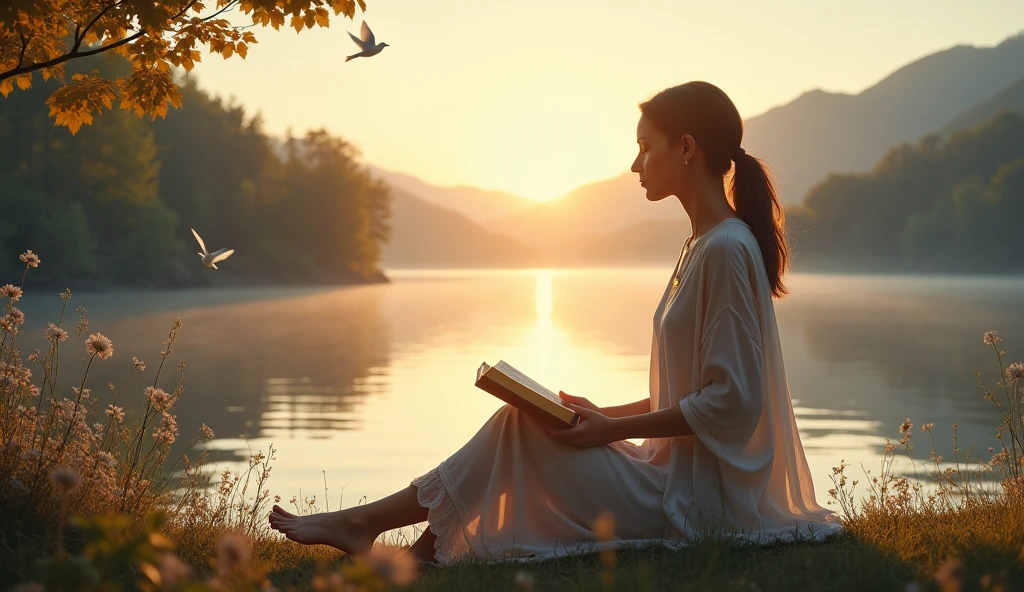 "Create an image that portrays an intimate moment of spiritual reflection, inspired by a biblical passage. The scene should show a person sitting by a peaceful lake at dawn., with the soft sunlight illuminating the water's surface. Ao fundo, leafy trees and mountains in the distance. A pessoa, in a contemplative posture, holds an open Bible on his lap, and a soft glow on her face suggests inner peace and connection with God. Elements like birds flying and flowers all around add a touch of serenity and beauty to the scene.. The image should capture the idea of searching for meaning and the divine presence in everyday life.."