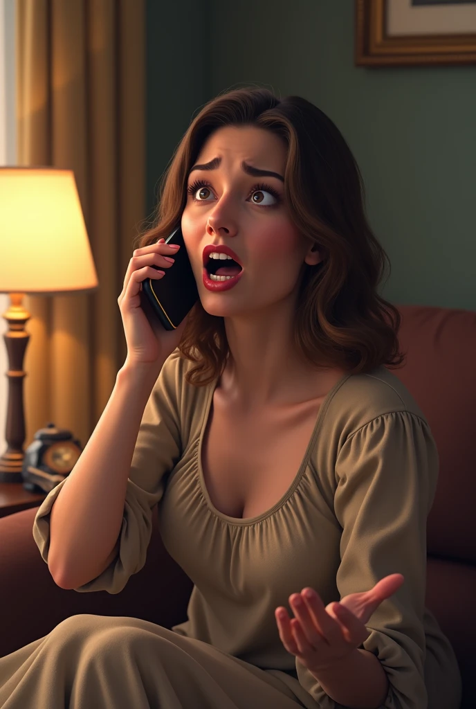 Ek mother jisne frok pehna h wo phone par chillakar bat krte huye hojar bat krte huye seen living room ka h jha wo sofe par bethi h