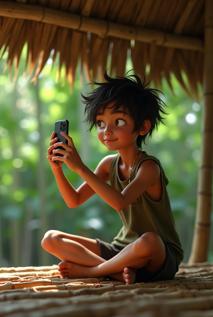 Photorealism 1.4 realistic realism high detailed definition Malaysian orang asli teen native aborigines wearing sleeveless shirt short sitting on bamboo floor bamboo hut leaf roof at the jungle  taking a selfie with smartphone tan skin messy hair 