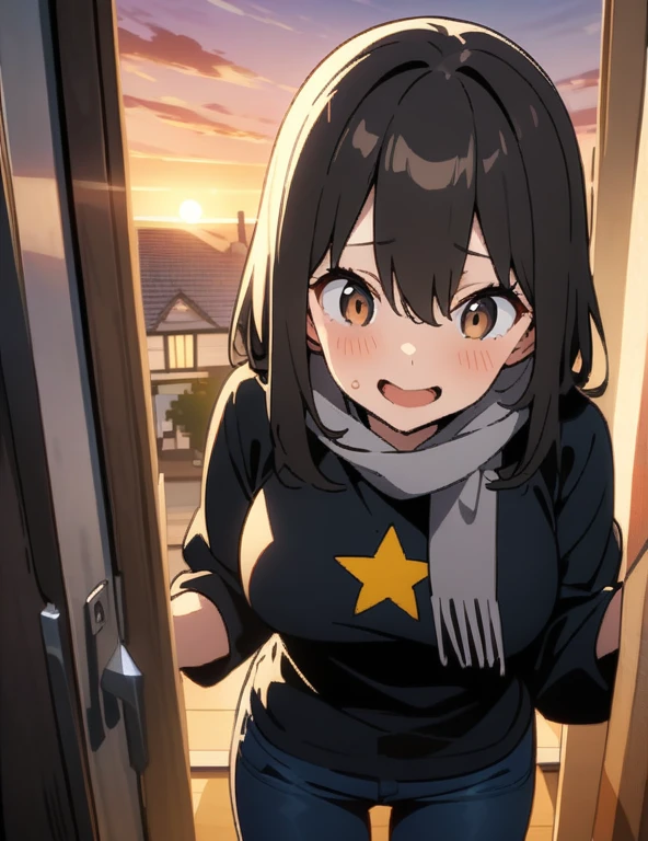 (masterpiece), best quality, expressive eyes, perfect face, adult demon girl, feminine approach, long light and dark brown hair, brown eyes, happy, sunset, excited, perfect round breasts, scorpion tail, gray scarf, black long-sleeved t-shirt with a yellow star print on the chest, the sleeves of the t-shirt are dark gray, navy blue skinny jeans, house, her brother's room, anime pose, taking a photo with her cell phone while wearing her brother's clothes, wearing her brother's clothes, nsfw