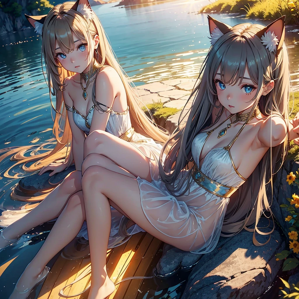 2 mermaid girl flying high in the forest , coffee in the hand, black hair on first, cat ears, anime style, phone in hand, 0.6x zoom, white eyes, two girls, fish tail of legs, white hair on second, mermaid, mermaid girls, long hair, without clothing, ,naked