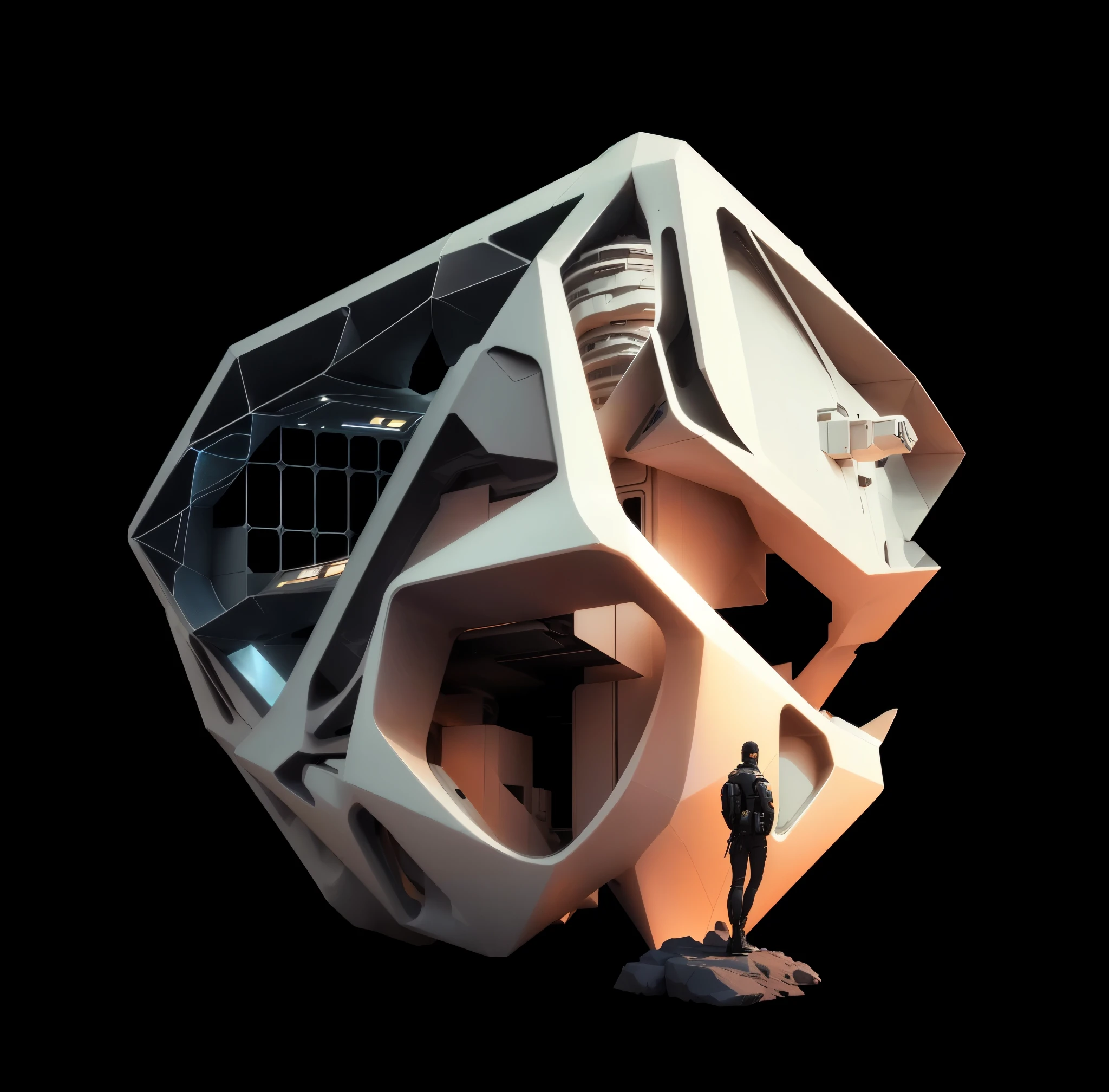 there is a man standing in front of a futuristic building, futuristic house, futuristic architecture concept, detailed futuristic architecture, inspired by Filip Hodas, hexagonal planetary space base, in the art style of filip hodas, futuristic outpost building, rendered in keyshot, futuristic architectural art, stylized 3d render, zaha hadid octane highly render, make as simple vector style