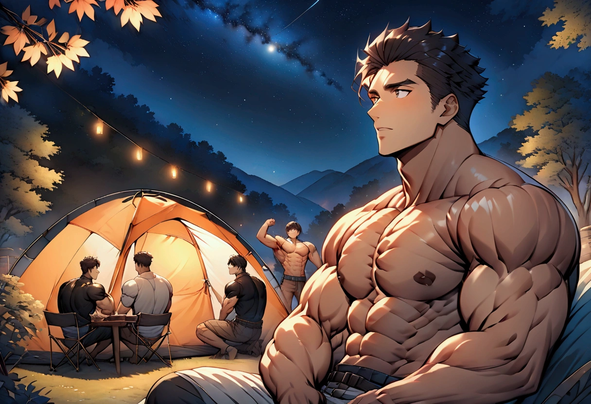 Highest quality、(muscular male:1.5)、(father:0.5)、4boys、Short Hair、Sports haircut、short hair、Blonde、Gray Hair、Black Hair、Red hair、Having fun around a bonfire at a campsite、nipple piercing、tattoo on chest、(sweat:1.3)、steam