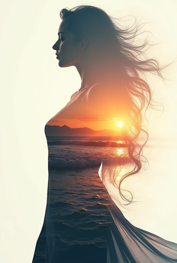high quality, 8K Ultra HD, A beautiful double exposure that combines an goddess silhouette with sunset coast, sunset coast should serve as the underlying backdrop, with its details incorporated into the goddess , crisp lines, The background is monochrome, sharp focus, double exposure, by vijay, awesome full color,the man