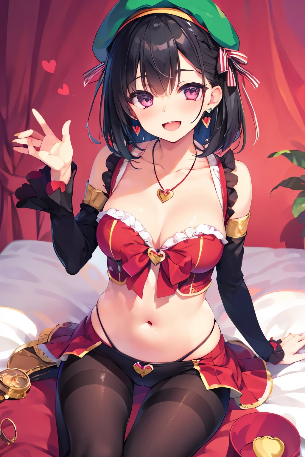 Black Hair,Hair above one eye,,Pink Eyes,tights,Removable sleeves,belly button,beret,ribbon,Heart Pendant,Earrings,Open Mouth Smile,(masterpiece,Best image quality,highest quality)