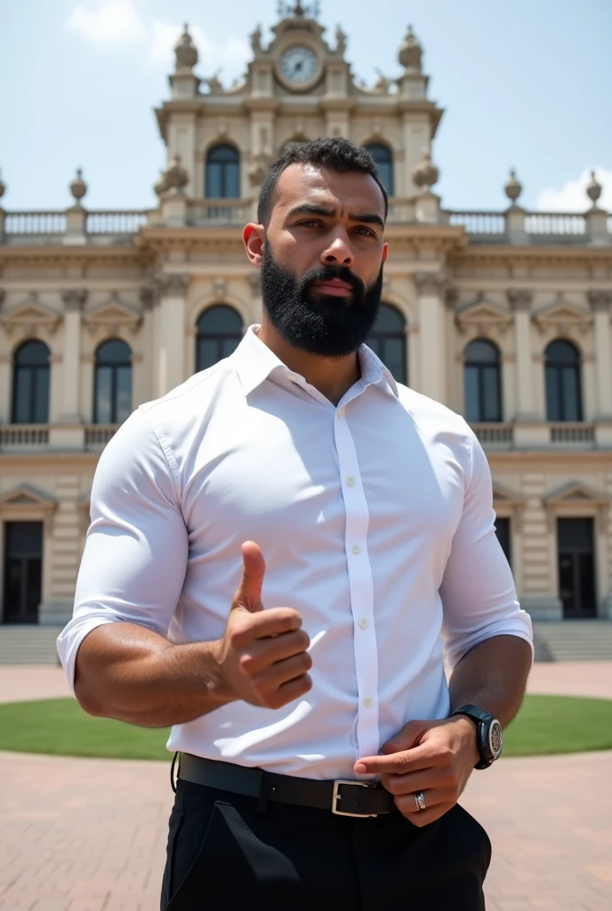 There is a muscular, bearded, mixed-race Brazilian man in an unbuttoned white dress shirt, in black underwear, looking at a cameraman, gesturing,in a TV news, in front of a large building, peru, royal Palace, parliament, peruvian, peruvian looking, proportionate, Julia Fontes, Palace, quito school, an intermediate front shot, monumental giant Palace, Mexico City, freddy mamani wild facade, jorge lacera, Gita, chilean, Refik Anadol, central shot.