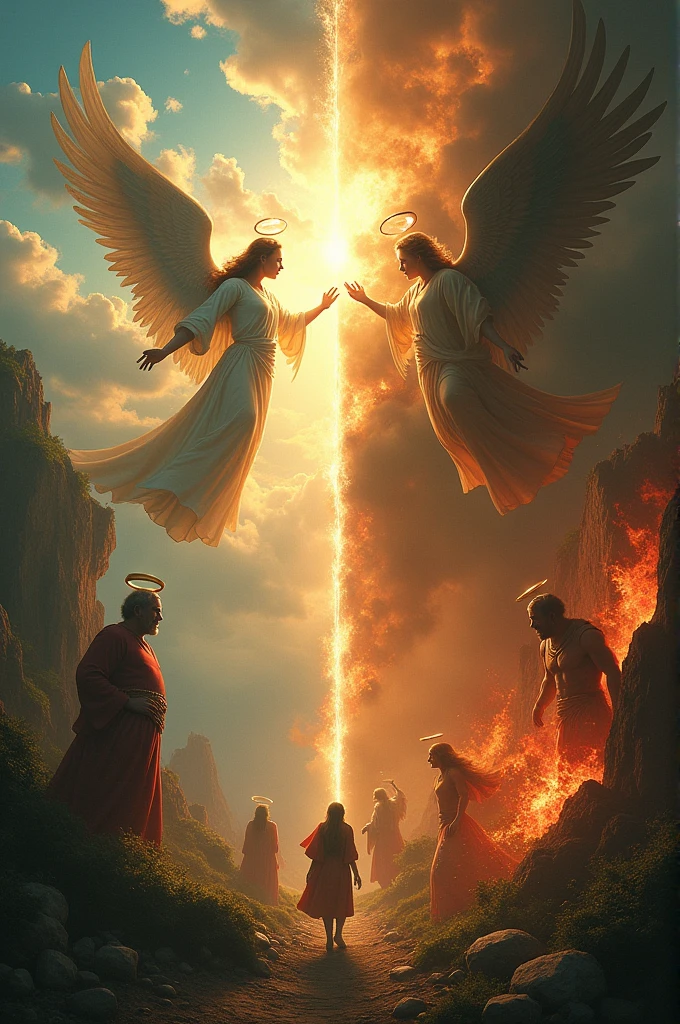 Picture of heaven and hell with people on both sides