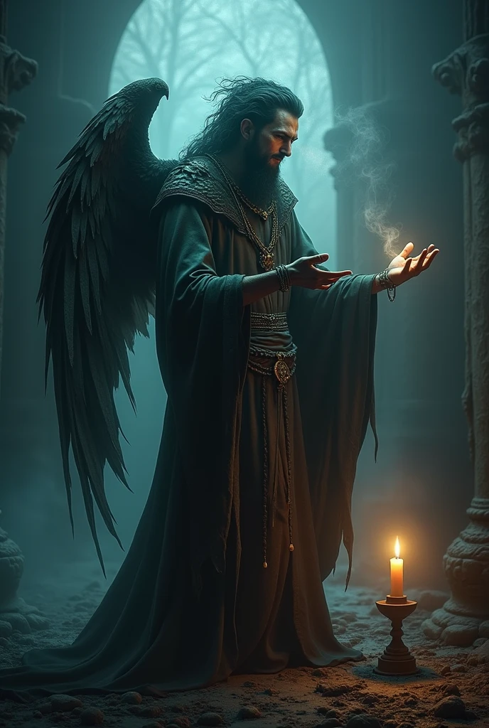 The shaman has three arms and a wing from behind his shoulder, his breath lights a candle