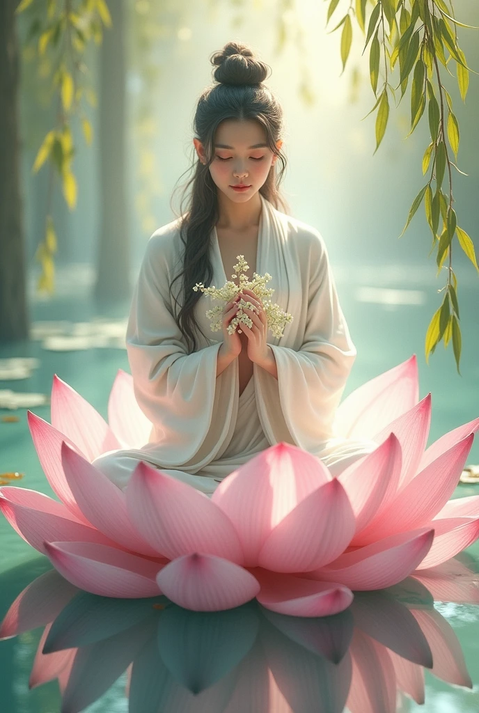 drawing of a beautiful girl wearing a white robe, holding a willow branch and sitting on a pink lotus, she is the reincarnation of Bodhisattva Avalokiteshvara
