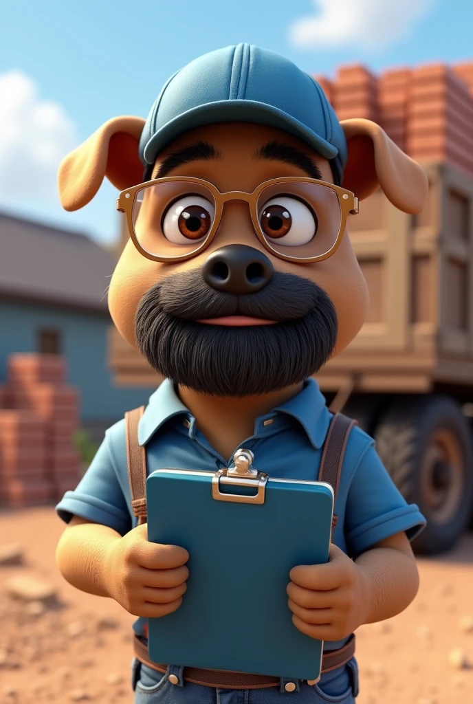 Light brown pitbull dog, Light brown eyes, transparent spectacles, blue cap, shirt blue, luxury short black beard, using blue clipboard and blue pen. Truck with bricks and wood in the background in an open yard, 4K, Disney  style. 