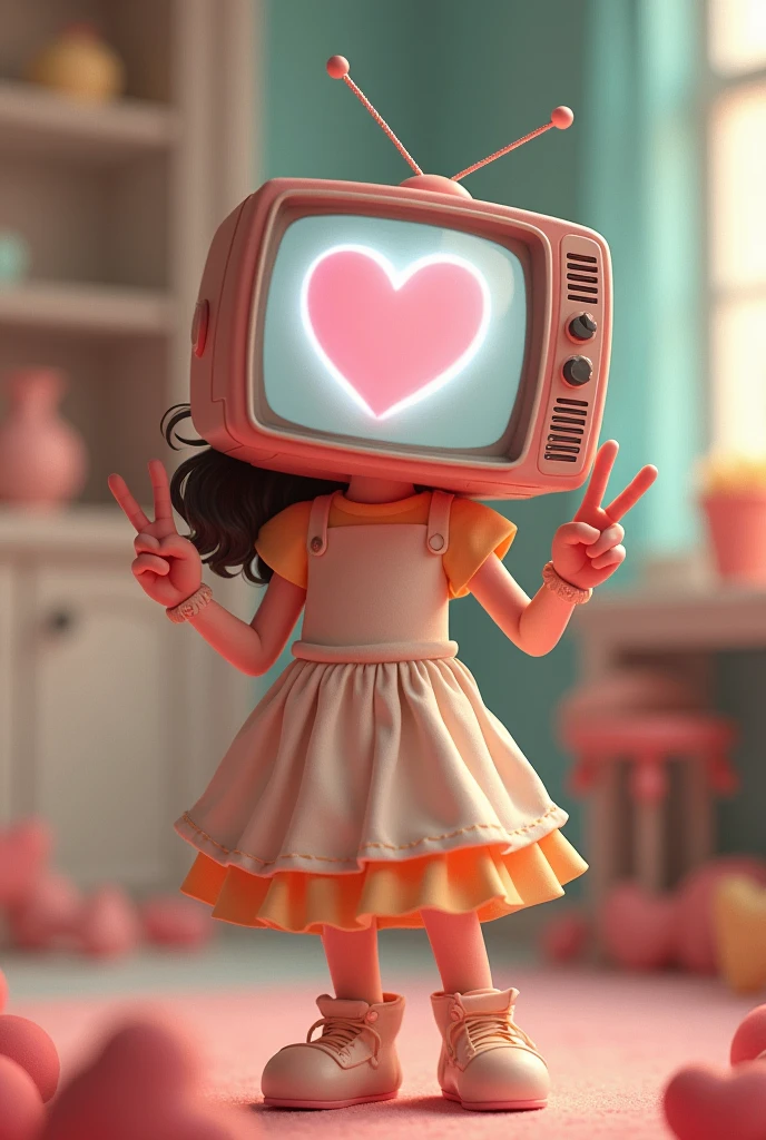 Cute girl with Tv head with heart on the screen posing with peace sign.
